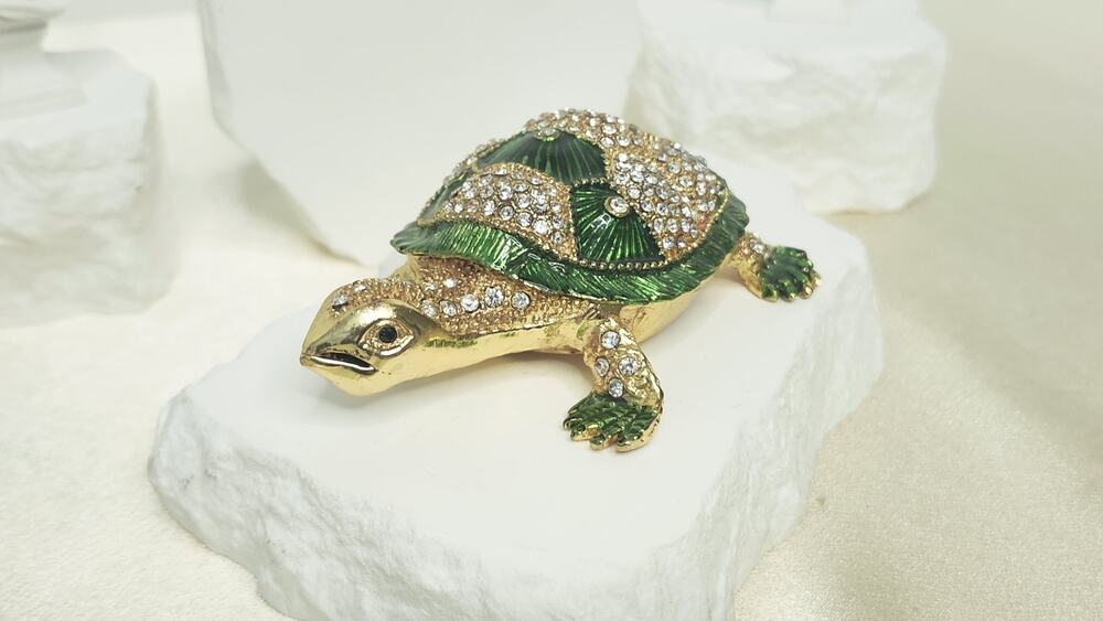 QIFU Turtle Trinket Box Hand Painted Green Enamel Rhinestones